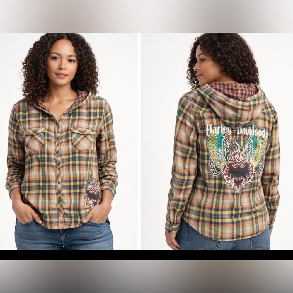 Harley-Davidson Embroidered Plaid Hooded Shirt | Women’s XL